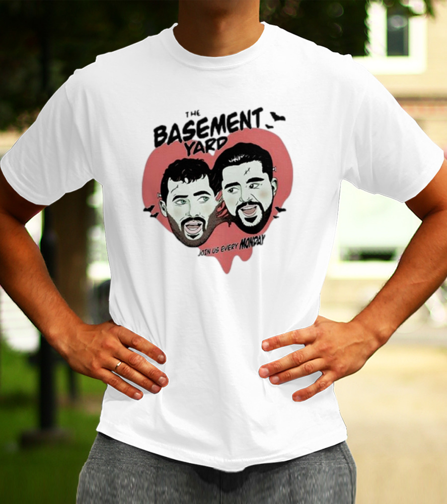 The Basement Yard Join Us Every Monday Spooky Season With Two Characters And Bats T-Shirt