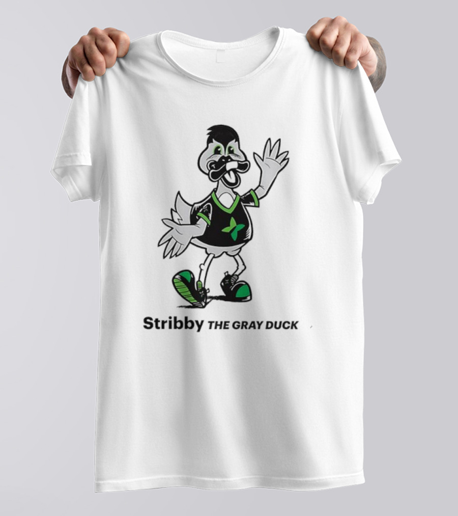 Stribby The Gray Duck Cartoon Mascot With Green And Black T-Shirt