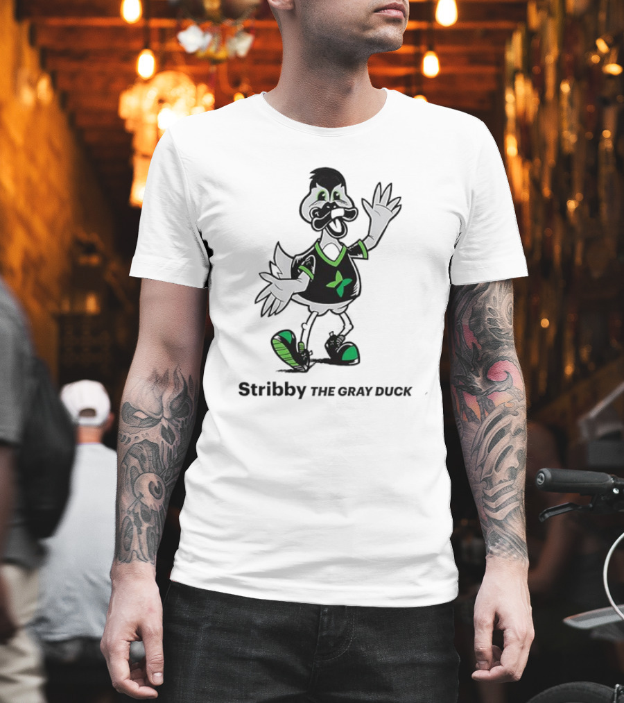 Stribby The Gray Duck Cartoon Mascot With Green And Black T-Shirt