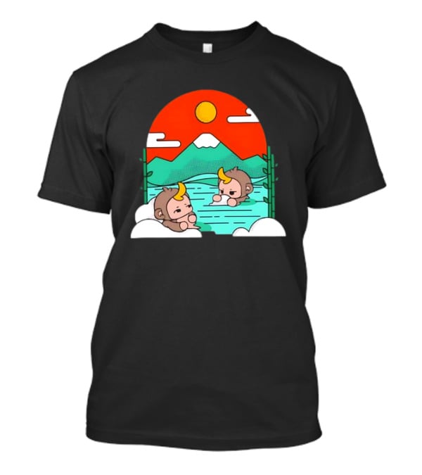 Connor Colquhoun The Tranquil Cute Monkeys In Vibrant Mountain Hot Spring Scenery With Sun And Clouds T-Shirt