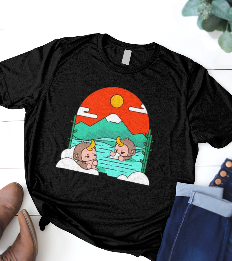 Connor Colquhoun The Tranquil Cute Monkeys In Vibrant Mountain Hot Spring Scenery With Sun And Clouds T-Shirt