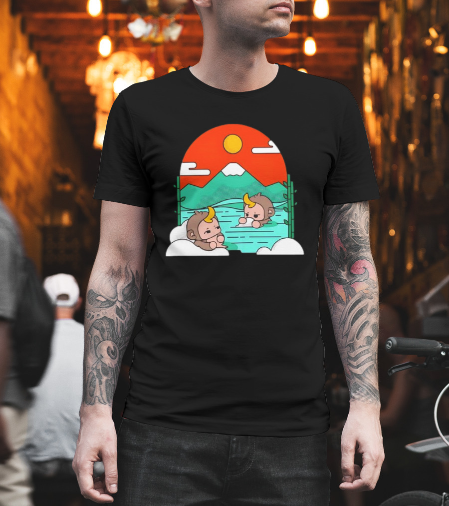 Connor Colquhoun The Tranquil Cute Monkeys In Vibrant Mountain Hot Spring Scenery With Sun And Clouds T-Shirt