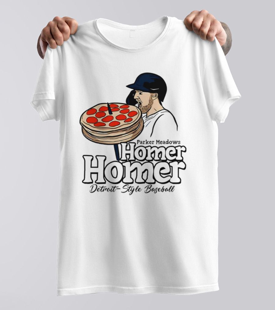 Parker Meadows Homer Homer Detroit-Style Baseball Pizza T-Shirt