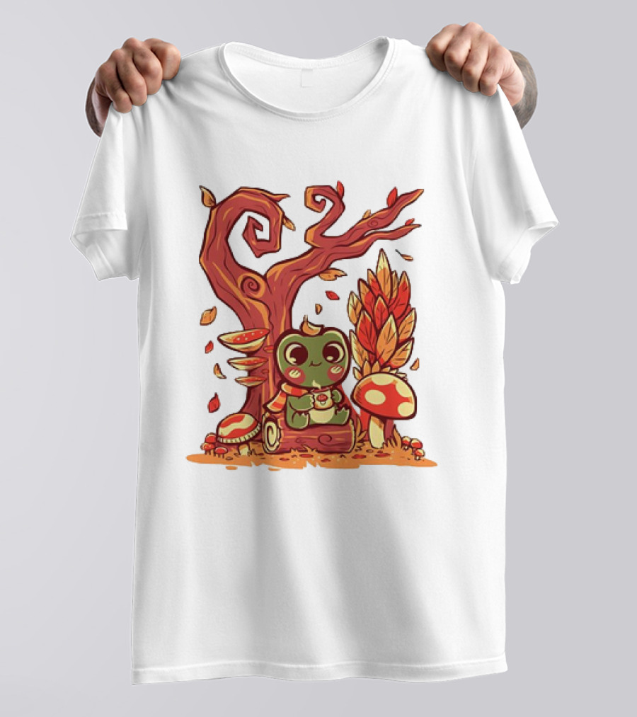 Cozy Autumn Days Cute Frog Enjoying Fall Leaves T-Shirt