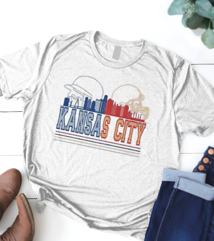 Kansas City Skyline Featuring Kansas City Chiefs Royals Helmets T-Shirt
