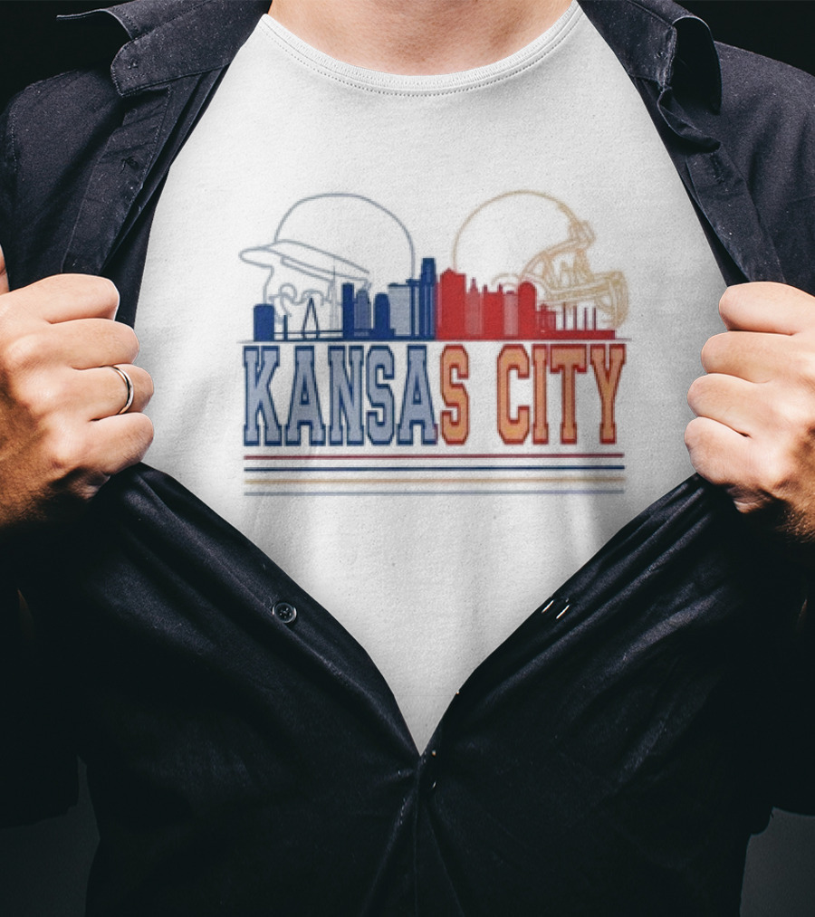 Kansas City Skyline Featuring Kansas City Chiefs Royals Helmets T-Shirt