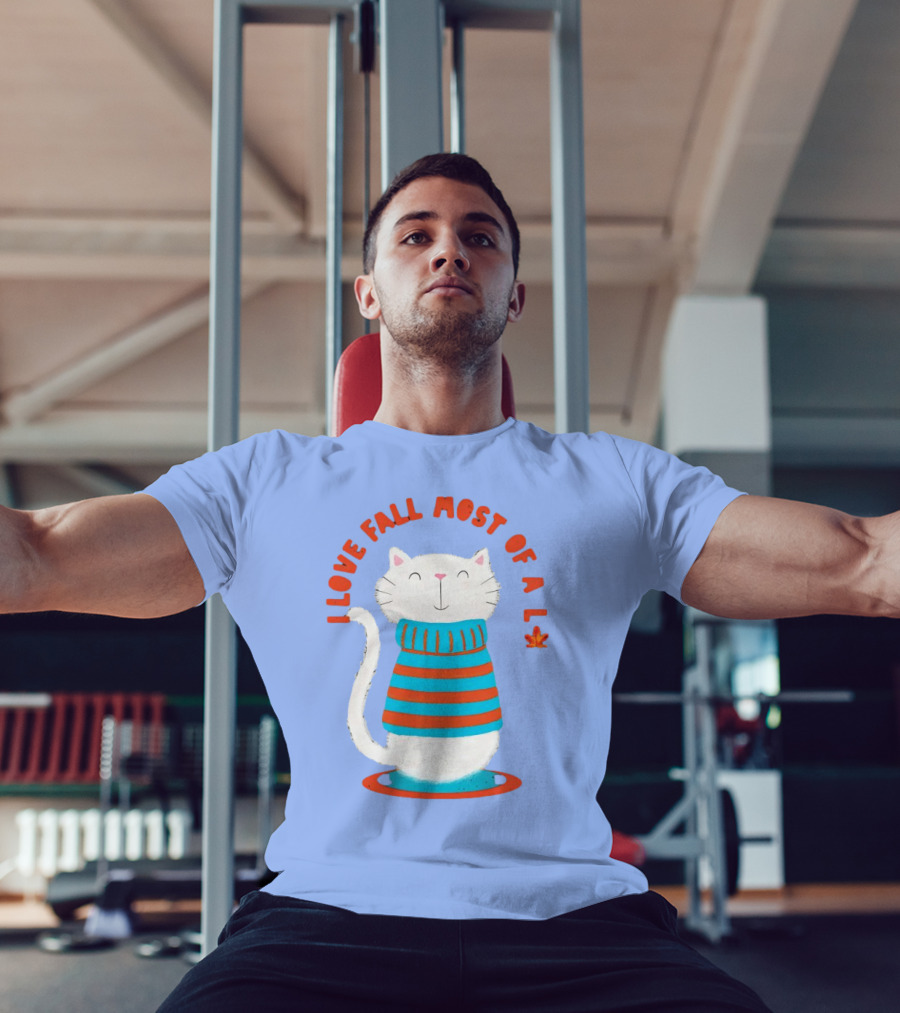 I Love Fall Most Of All Cat In Striped Sweater With Leaf T-Shirt