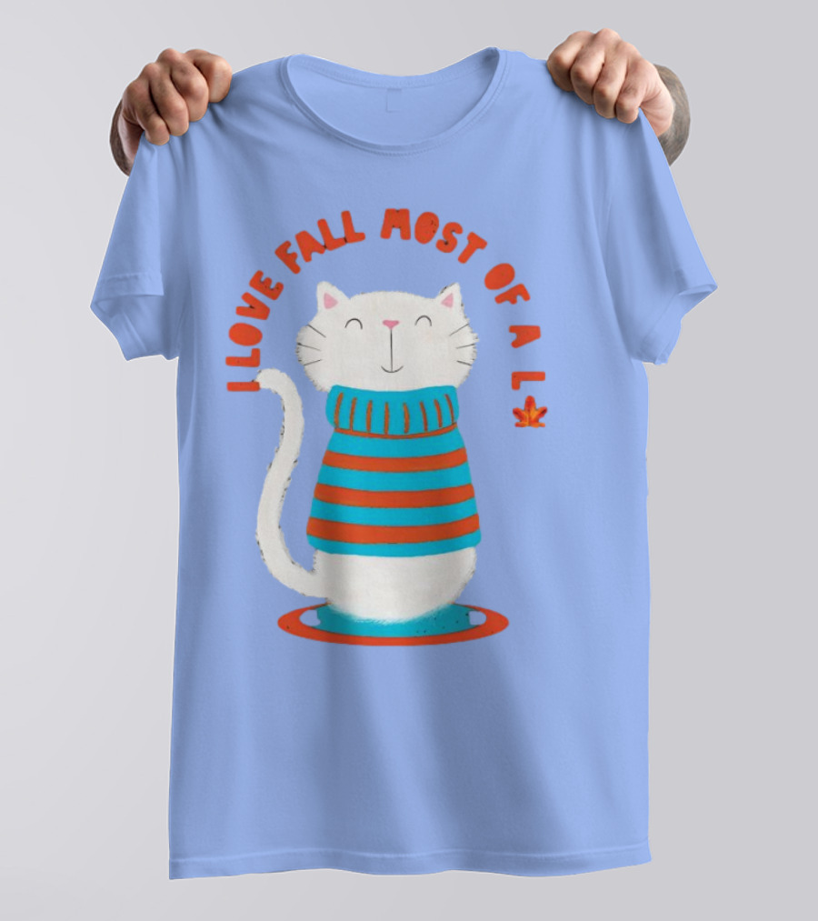 I Love Fall Most Of All Cat In Striped Sweater With Leaf T-Shirt