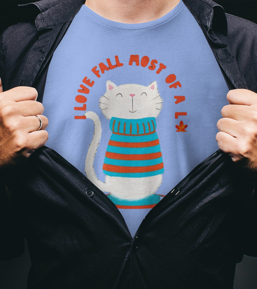 I Love Fall Most Of All Cat In Striped Sweater With Leaf T-Shirt