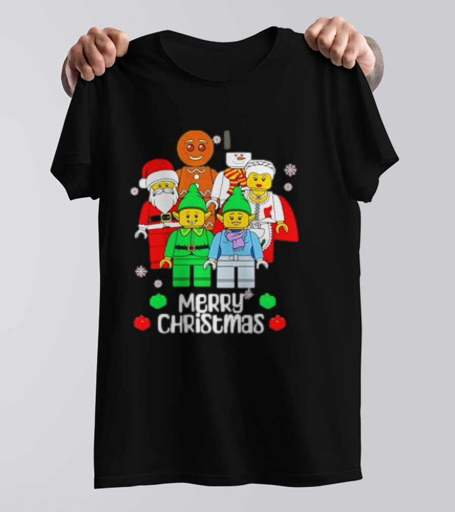 Merry Christmas Santa Elf Snowman Gingerbread Building Bricks Figures T-Shirt