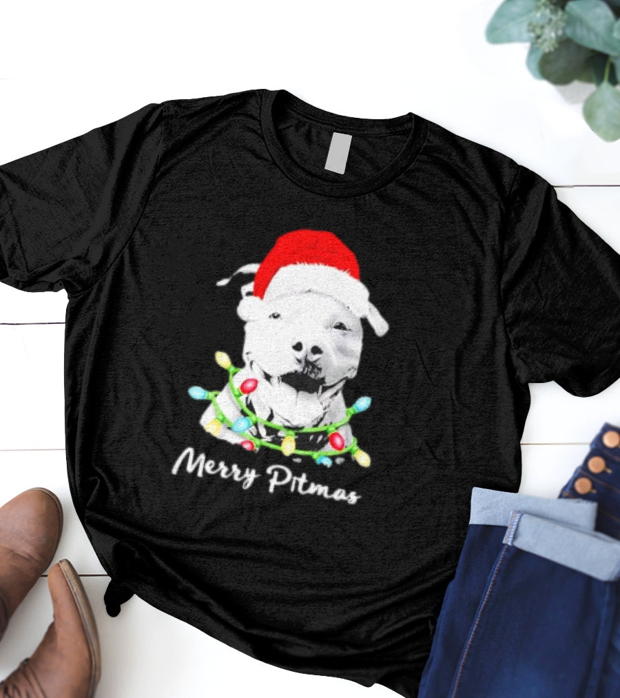 Merry Pitmas Pit Bull Santa With Christmas Tree Lights T-Shirt
