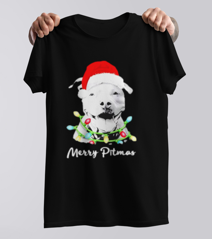 Merry Pitmas Pit Bull Santa With Christmas Tree Lights T-Shirt