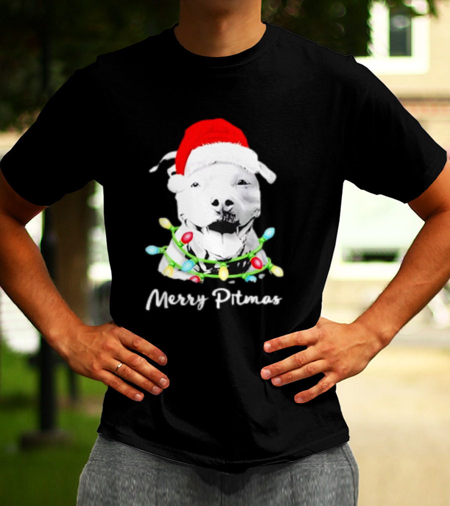 Merry Pitmas Pit Bull Santa With Christmas Tree Lights T-Shirt