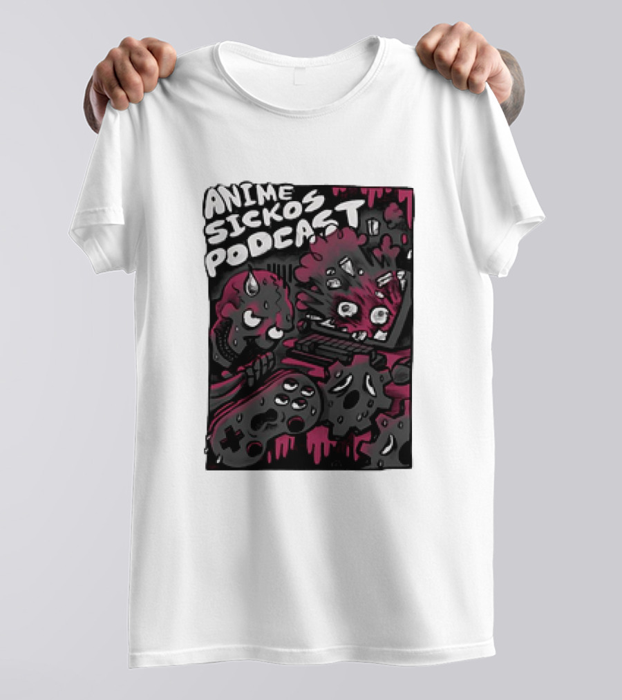 Anime Sickos Podcast Game Controllers Dripping Pink And Black Monster Faces T-Shirt