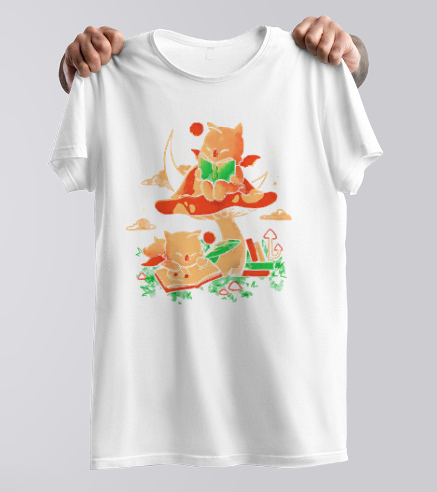 Cat Kupo Moogles Reading On Mushroom With Books T-Shirt