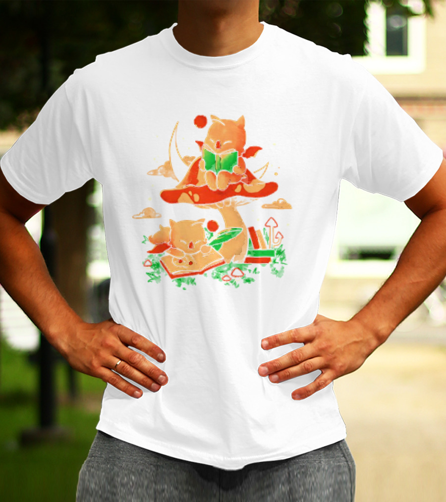 Cat Kupo Moogles Reading On Mushroom With Books T-Shirt