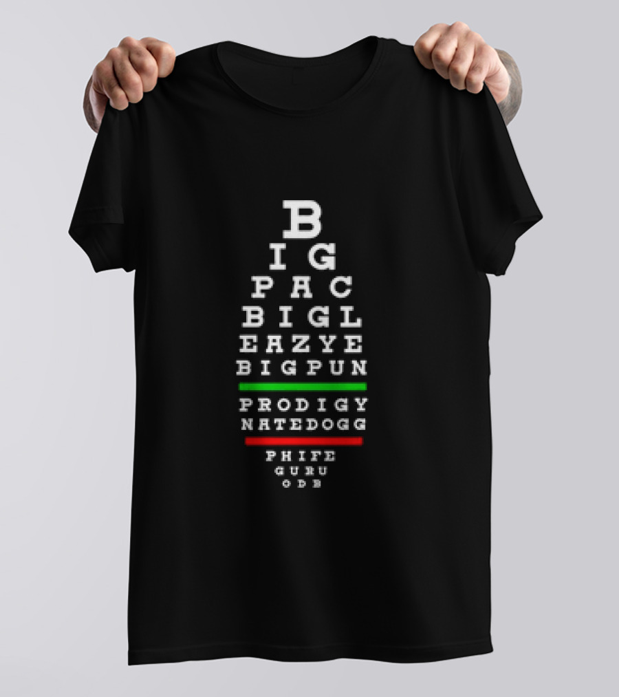 BIG PAC BIG L EAZY E BIG PUN PRODIGY NATE DOGG PHIFE GURU ODB Eye Chart Old School Hip Hop Rap Legends 90s Hiphop T-Shirt