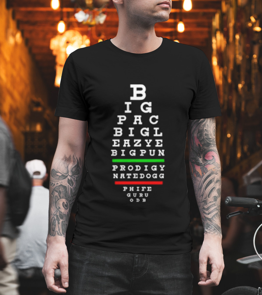 BIG PAC BIG L EAZY E BIG PUN PRODIGY NATE DOGG PHIFE GURU ODB Eye Chart Old School Hip Hop Rap Legends 90s Hiphop T-Shirt