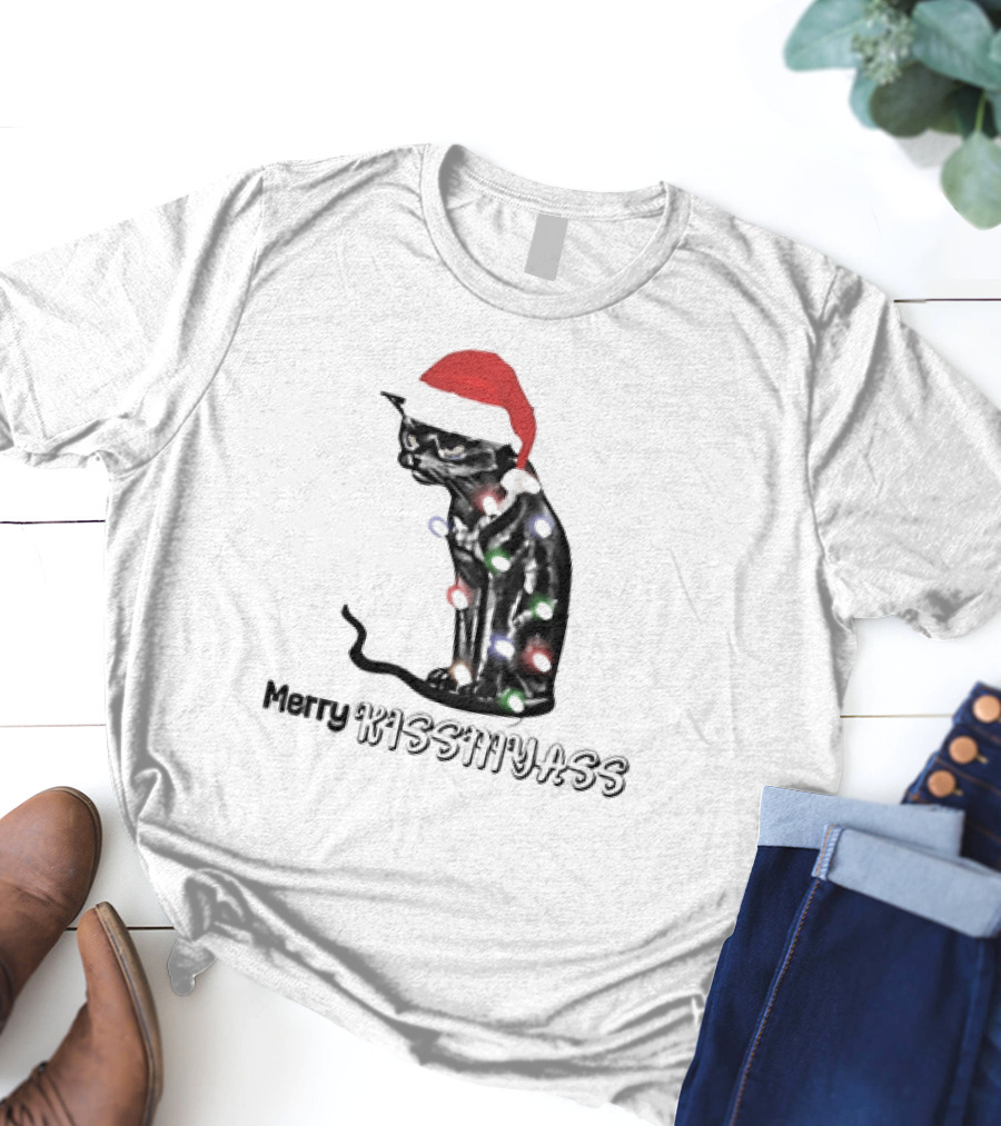 Merry Kiss My Ass Cat Christmas Lights Santa Hat T-Shirt