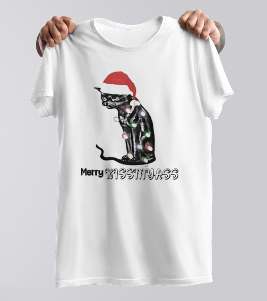 Merry Kiss My Ass Cat Christmas Lights Santa Hat T-Shirt