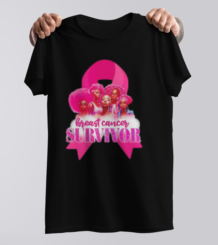 Breast Cancer Survivor Pink Ribbon Black Women Melanin Warrior T-Shirt