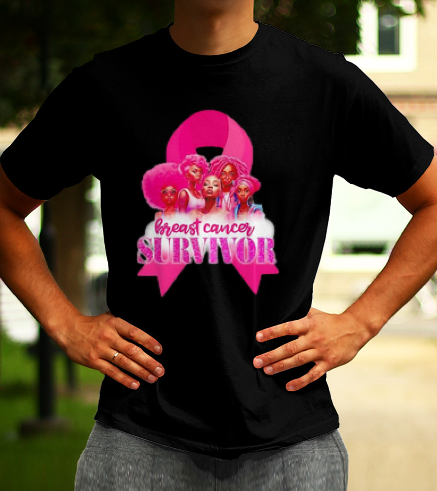 Breast Cancer Survivor Pink Ribbon Black Women Melanin Warrior T-Shirt