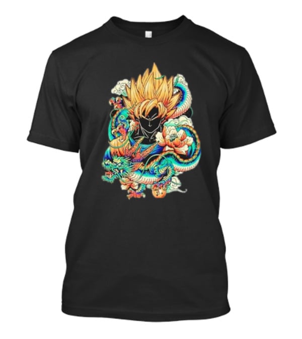Colorful Dragon Ball Z Super Saiyan Goku With Dragon Serpent And Clouds T-Shirt