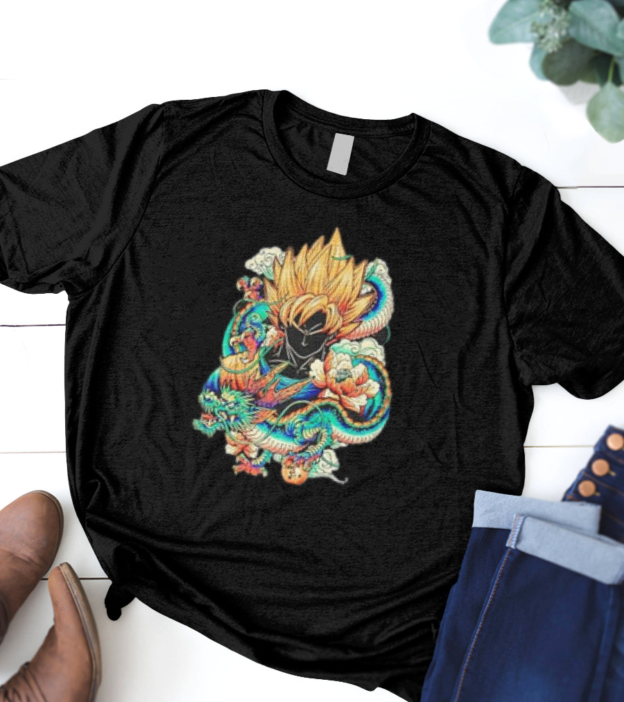 Colorful Dragon Ball Z Super Saiyan Goku With Dragon Serpent And Clouds T-Shirt