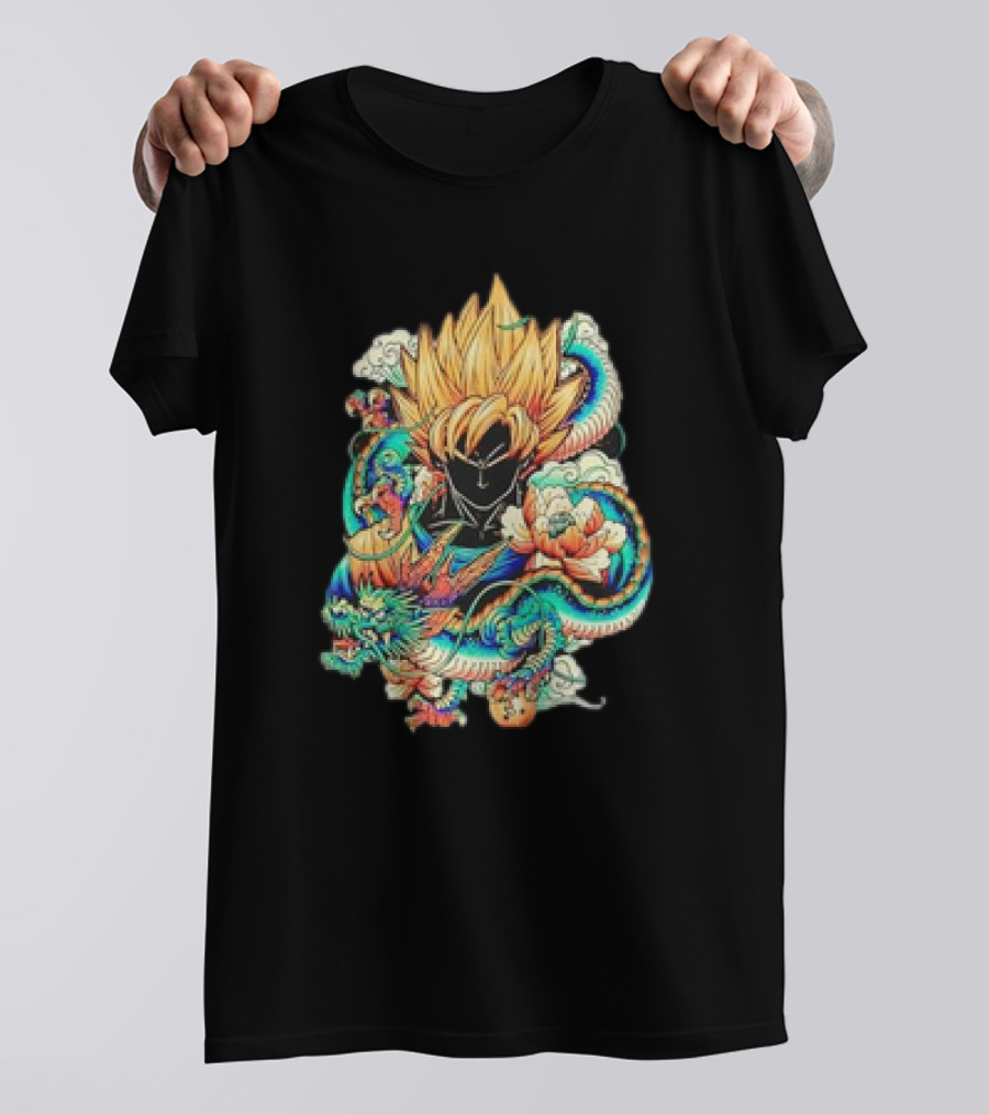 Colorful Dragon Ball Z Super Saiyan Goku With Dragon Serpent And Clouds T-Shirt
