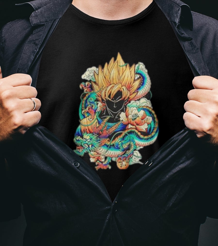 Colorful Dragon Ball Z Super Saiyan Goku With Dragon Serpent And Clouds T-Shirt