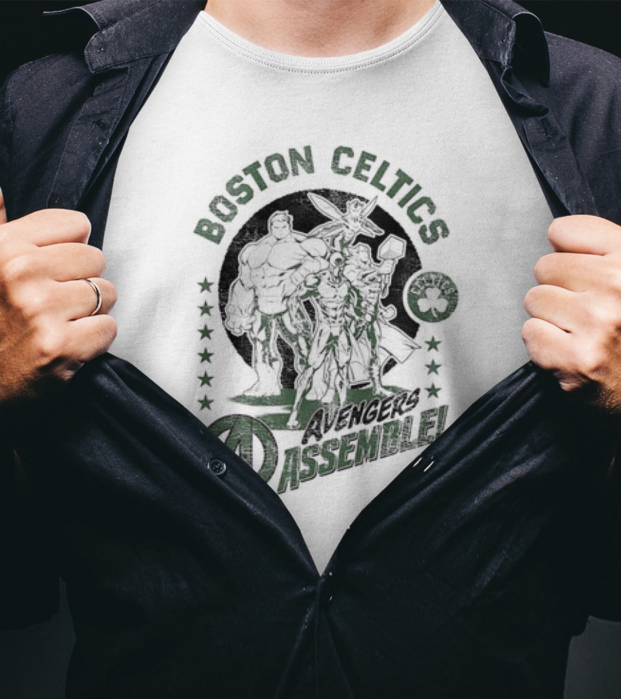 Boston Celtics Marvel Avengers Assemble Crossover Collaboration T-Shirt