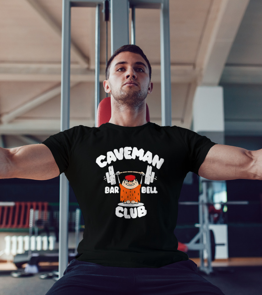 Caveman Club Bar Bell Weightlifting Cartoon T-Shirt