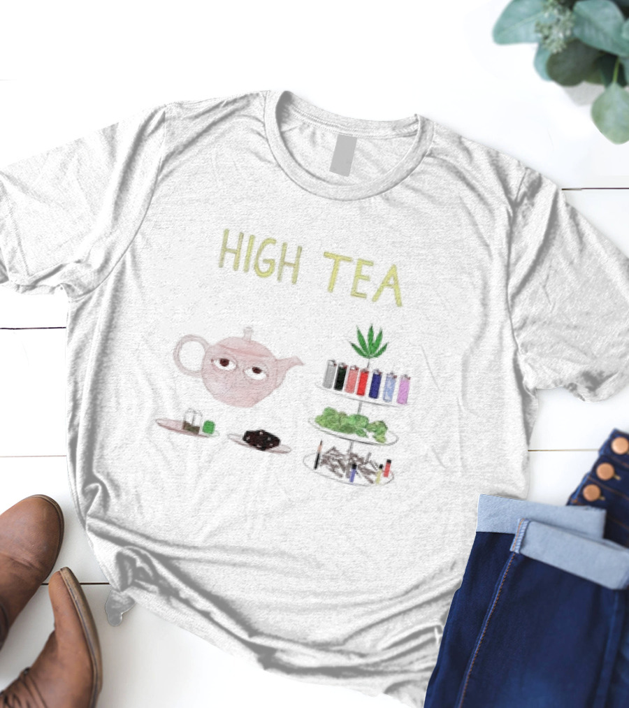 HIGH TEA Teapot Lighters Cannabis Leaves Cookies Pipes T-Shirt