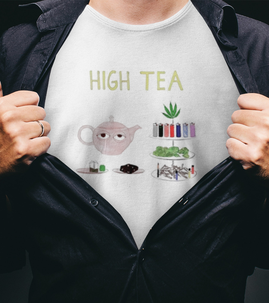 HIGH TEA Teapot Lighters Cannabis Leaves Cookies Pipes T-Shirt