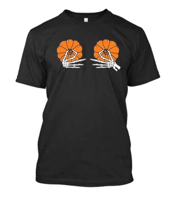 Skeleton Hands Holding Orange Pumpkins Halloween T-Shirt