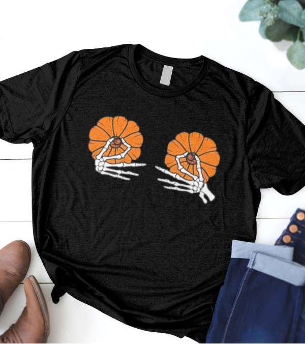 Skeleton Hands Holding Orange Pumpkins Halloween T-Shirt