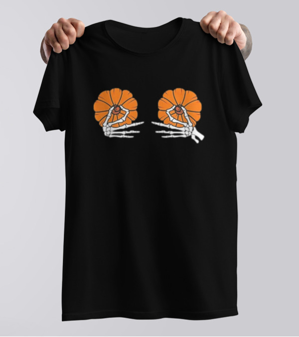 Skeleton Hands Holding Orange Pumpkins Halloween T-Shirt