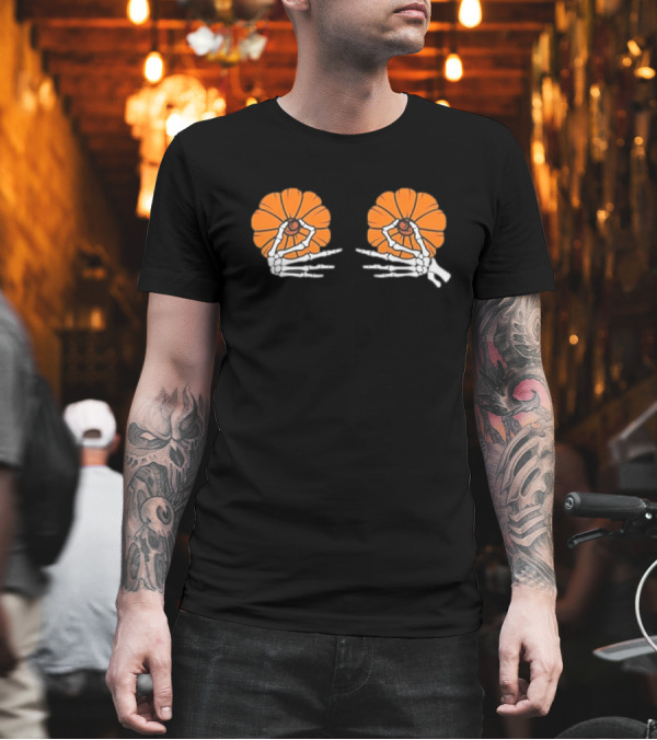 Skeleton Hands Holding Orange Pumpkins Halloween T-Shirt