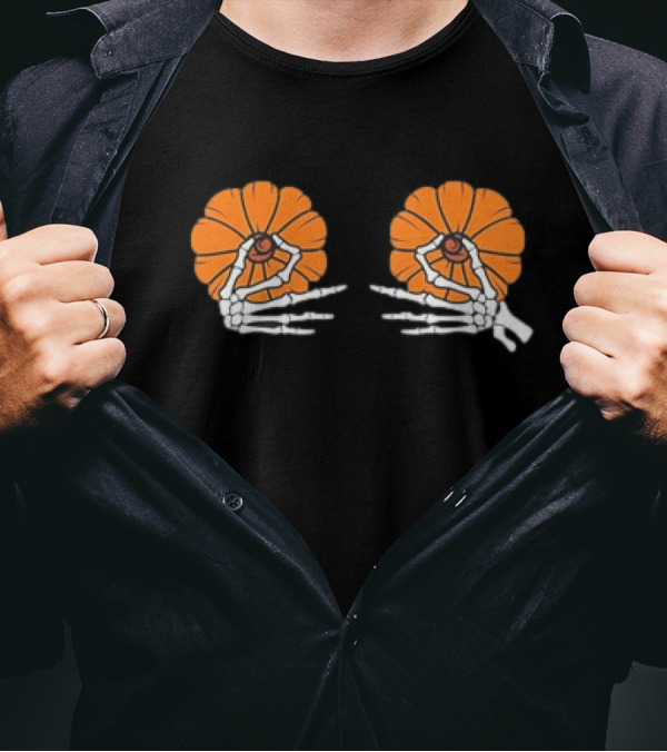 Skeleton Hands Holding Orange Pumpkins Halloween T-Shirt