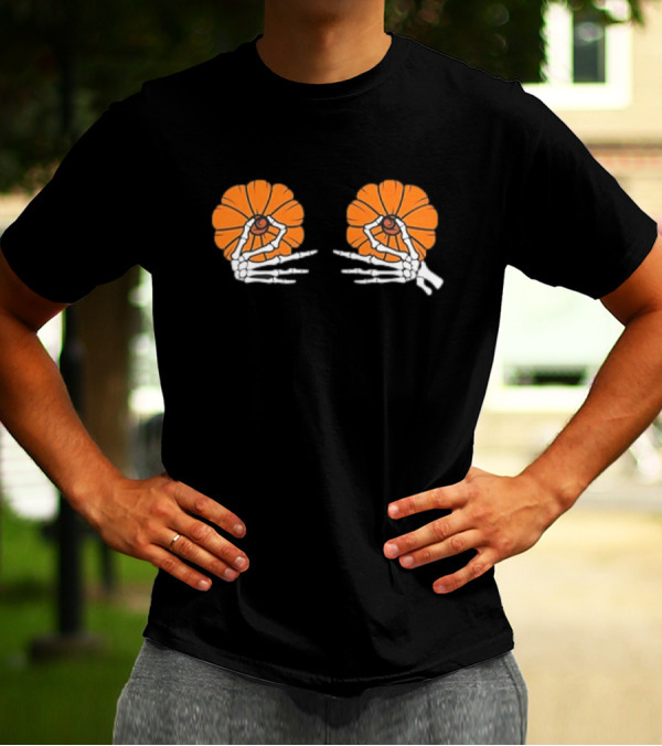 Skeleton Hands Holding Orange Pumpkins Halloween T-Shirt