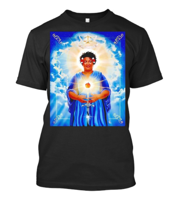 Stacey Abrams Patron Saint Of Fairness In Voting With Scales Of Justice Halo And Glowing Apple In Celestial Clouds T-Shirt