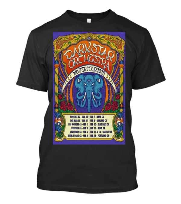 Dark Star Orchestra Winter Tour 2025 Psychedelic Elephant And Roses With Tour Dates In U.S. Cities T-Shirt