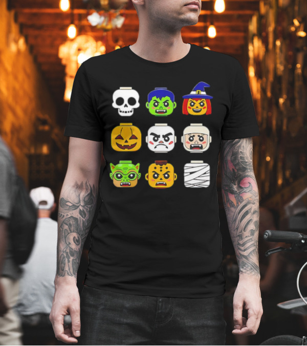 Halloween Building Brick Heads Pumpkin Ghost Zombie Witch Mummy Boys T-Shirt