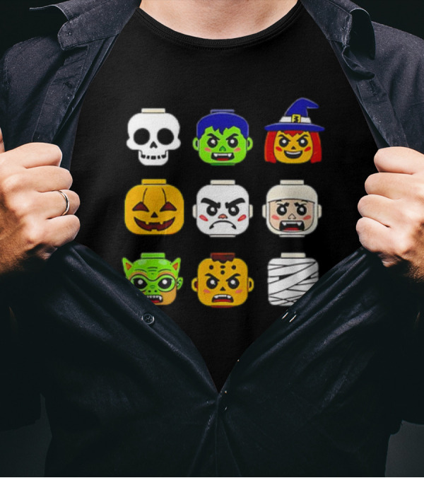 Halloween Building Brick Heads Pumpkin Ghost Zombie Witch Mummy Boys T-Shirt