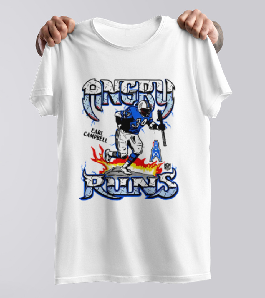Angry Runs Earl Campbell Oilers NFL Flame Action T-Shirt