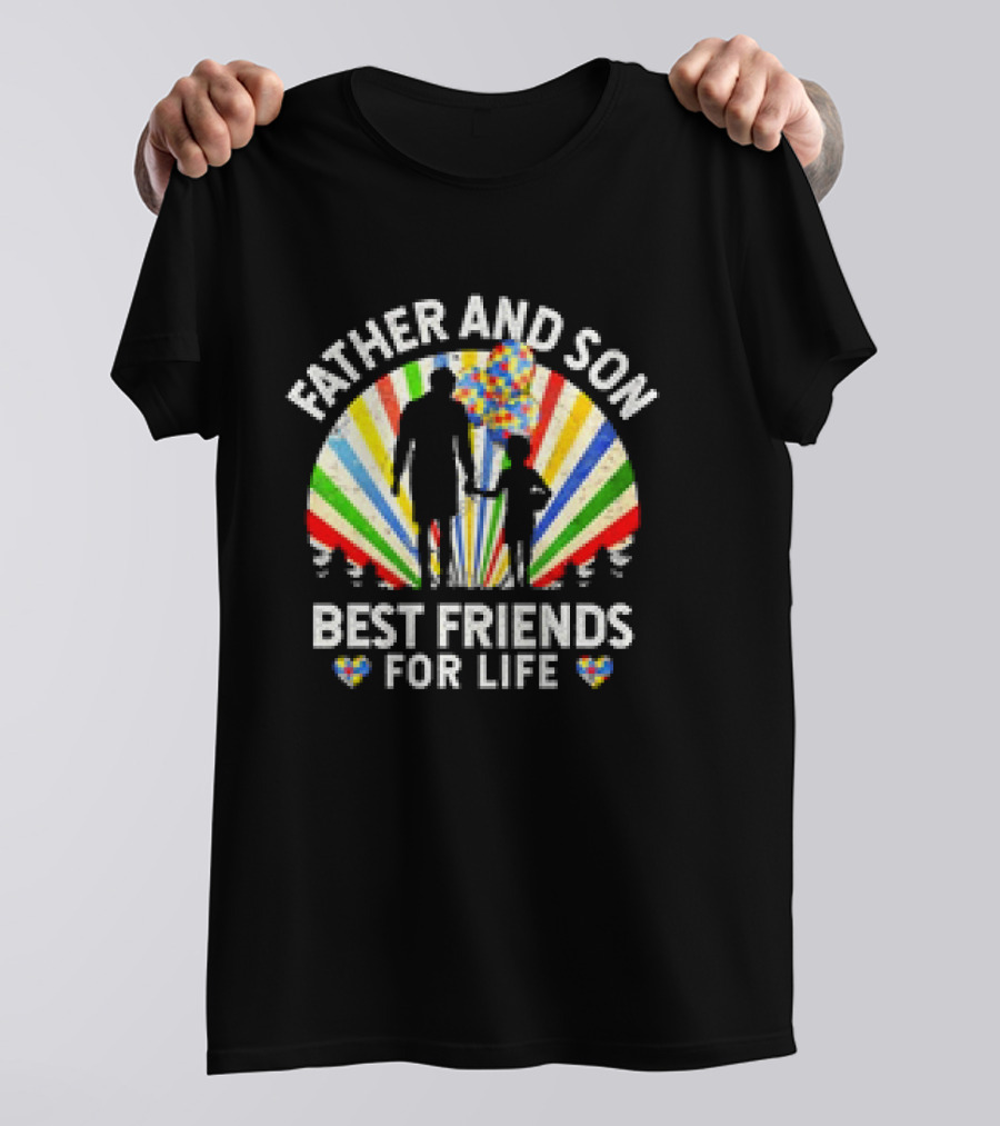 Father And Son Best Friends For Life Colorful Autism Awareness Ribbon Hearts T-Shirt