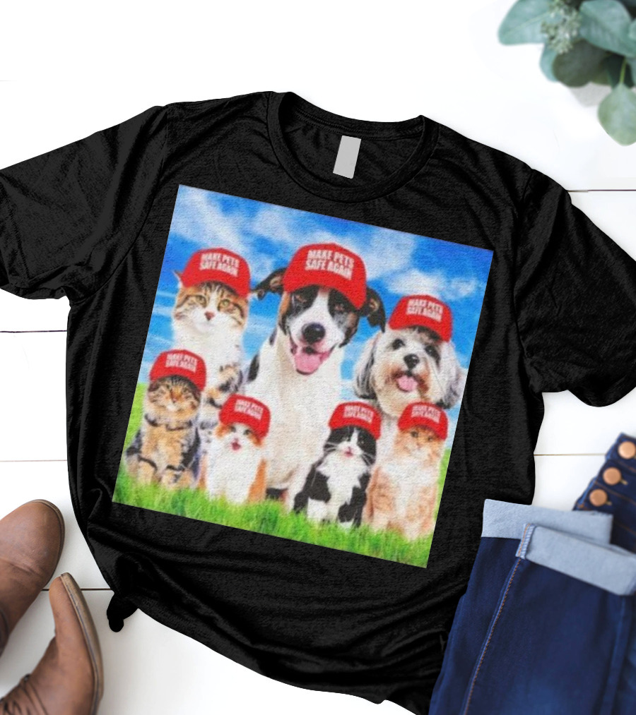 Six Cats And Dogs Wearing Red Make Pets Safe Again Hats On Green Grass T-Shirt