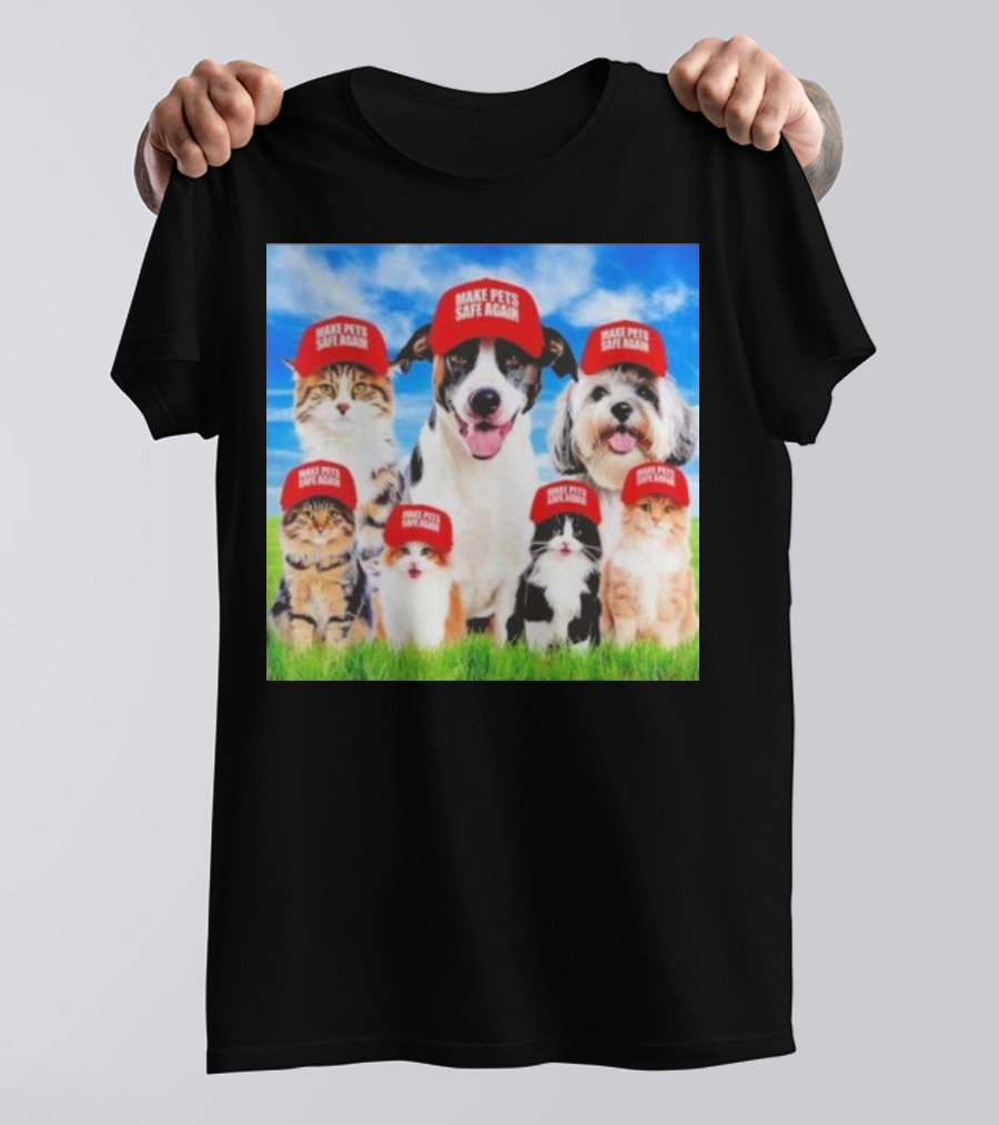 Six Cats And Dogs Wearing Red Make Pets Safe Again Hats On Green Grass T-Shirt