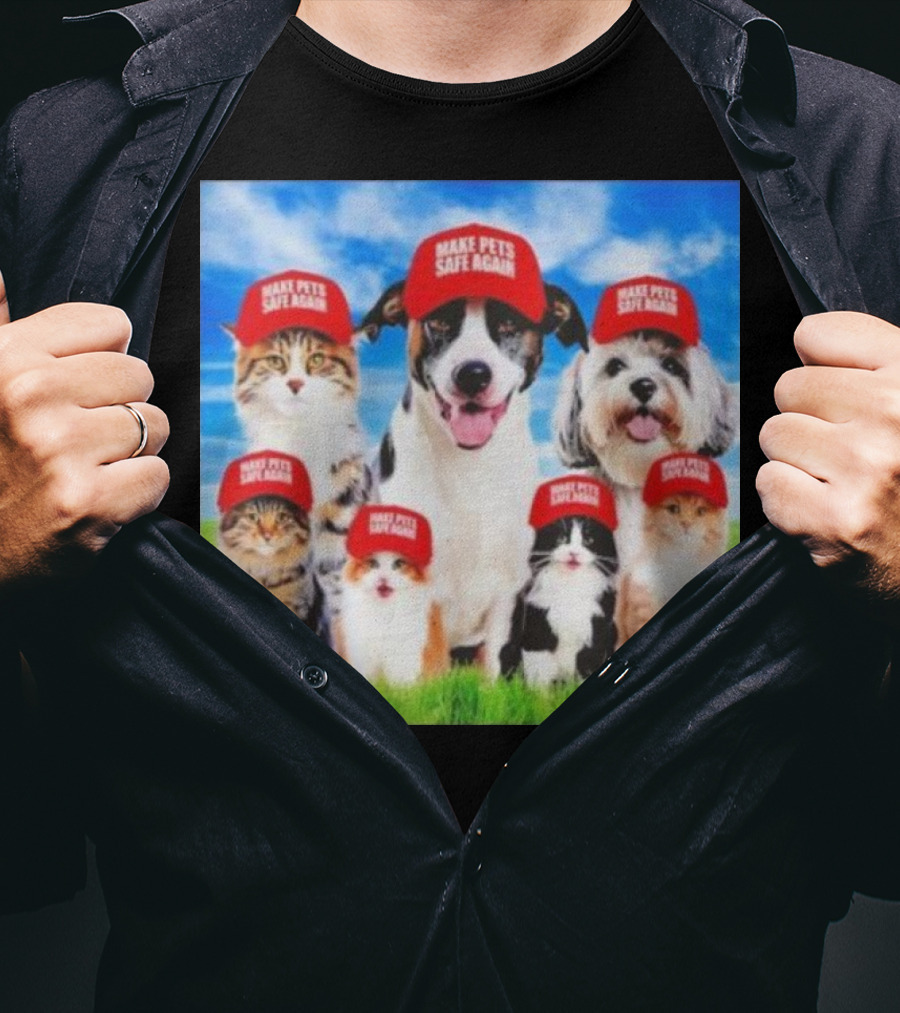 Six Cats And Dogs Wearing Red Make Pets Safe Again Hats On Green Grass T-Shirt