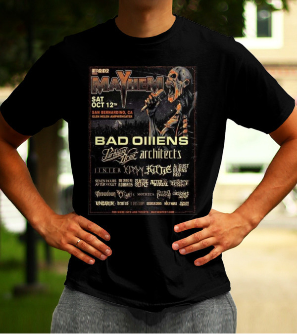 Mayhem Fest 2024 Featuring Bad Omens, Parkway Drive, Architects On October 12th At Glen Helen Amphitheater San Bernardino CA T-Shirt